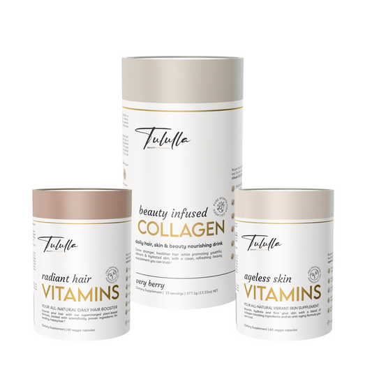 Tululla beauty bundle with ageless skin vitamins, radiant hair vitamins and beauty infused collagen